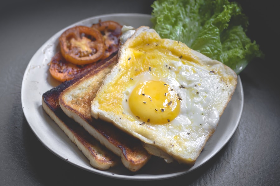 Cafe breakfast with eggs, toast, avocado, and fresh vegetables