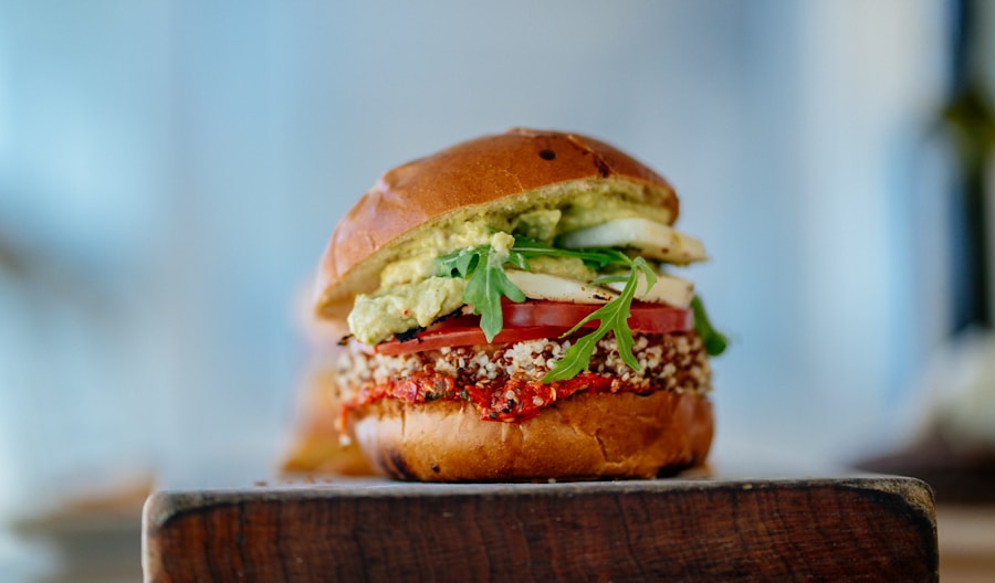 Vegetable burger served with lettuce, tomato, and a side of fries